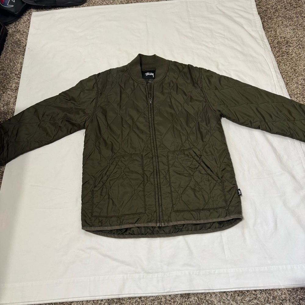 Stussy Quilted Bomber Jacket Olive Green Men’s Size M Zip Up Streetwear